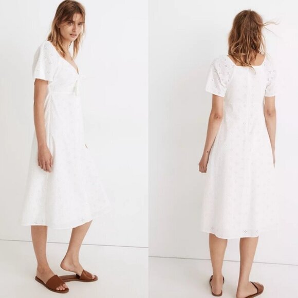 Madewell White Cotton Eyelet Embroidery Tie Front Keyhole A-line Midi Dress 2 - Picture 14 of 15